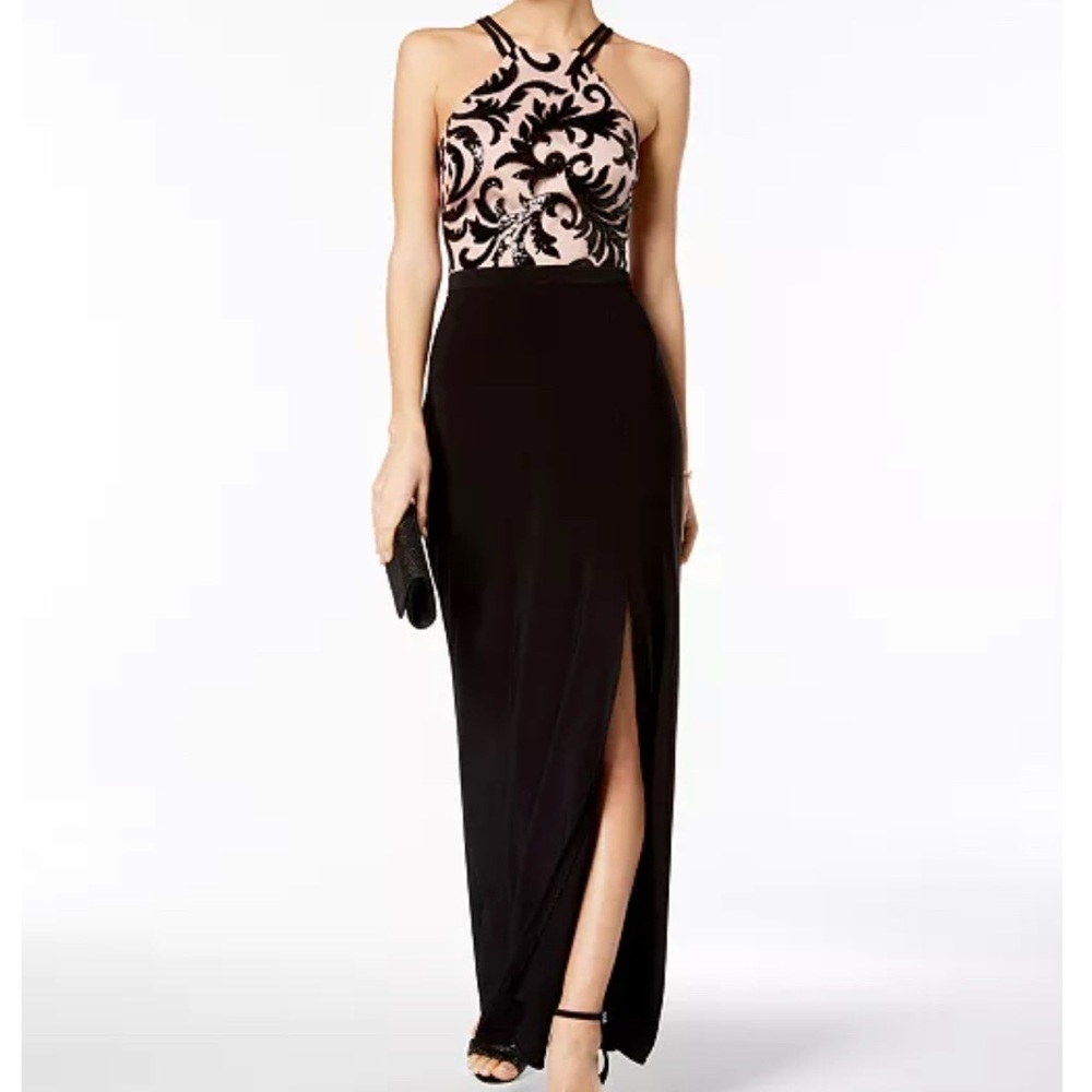 R & M Richards sequined gown with slit